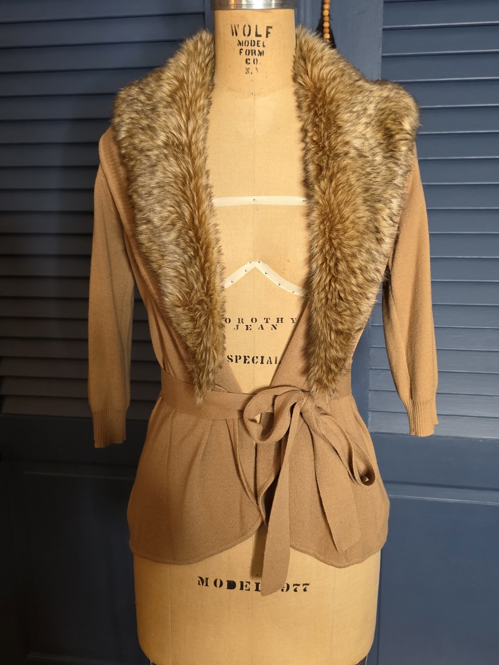 The Limited Camel Tie-Waist Jacket with Faux Fur Shawl Collar